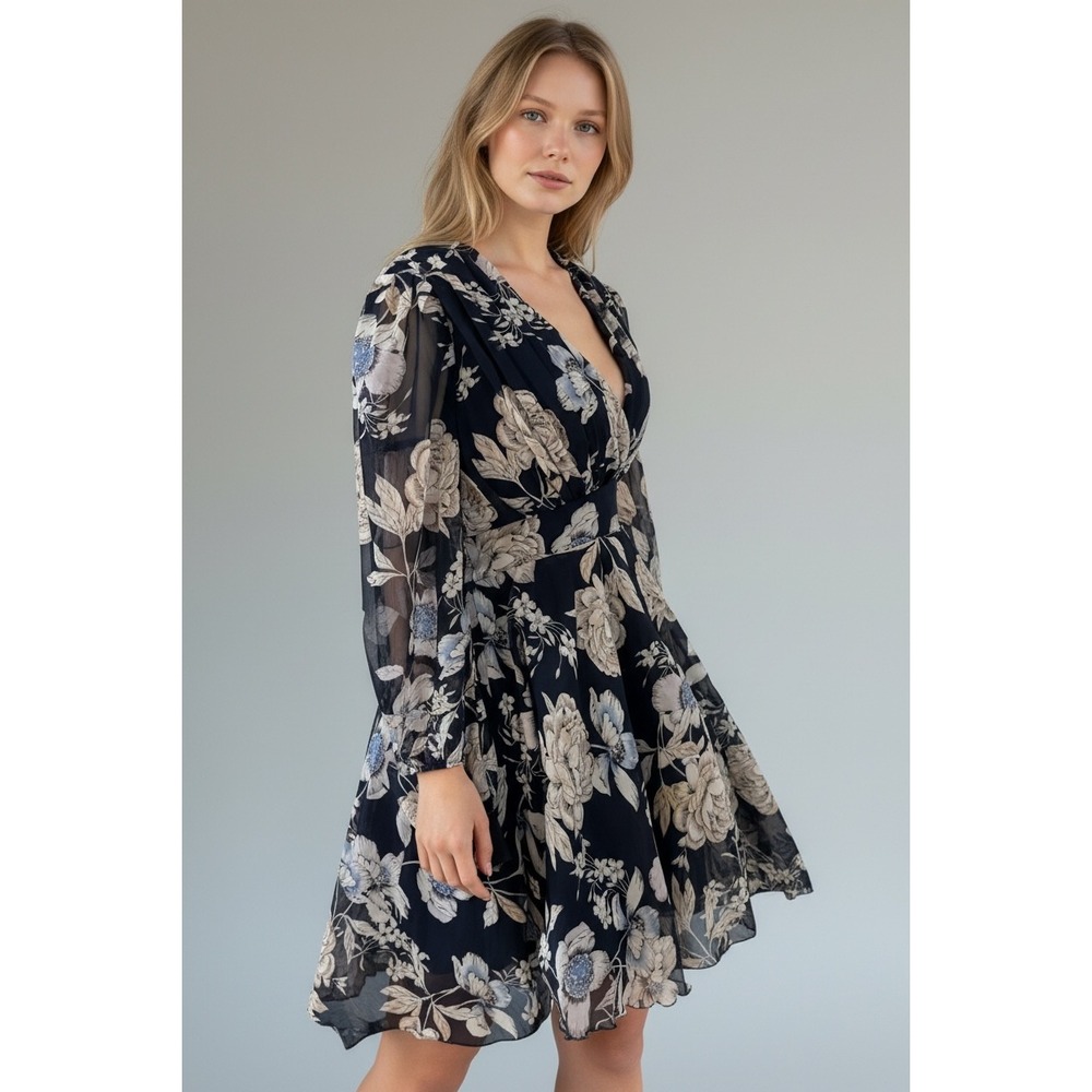 NEW TFNC London Navy Small Floral Chiffon V-Neck Mini Dress Long Sleeve‎